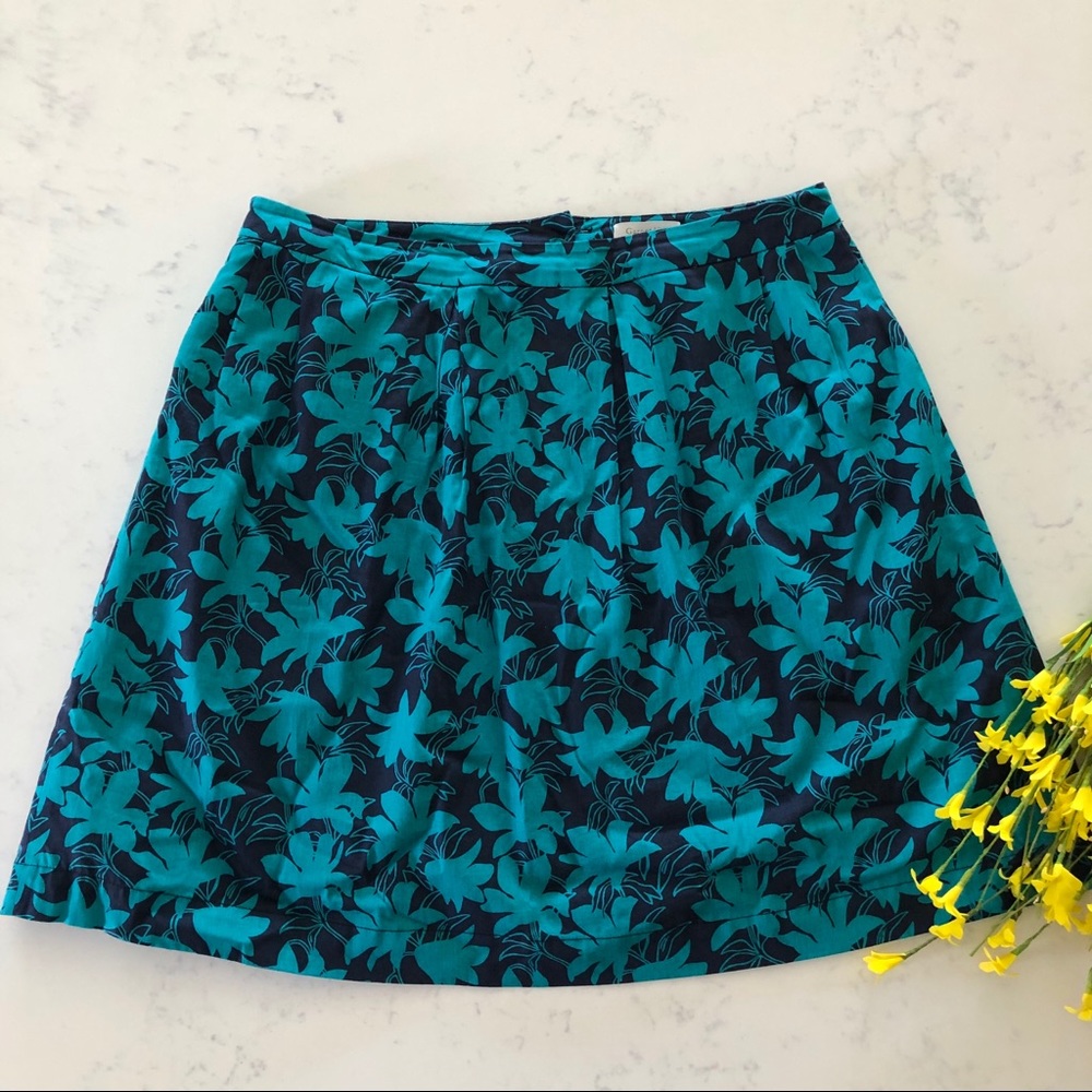 Garnet Hill Teal Navy Floral A-Line Pleated Cotton Skirt Sz 8 [b6]
